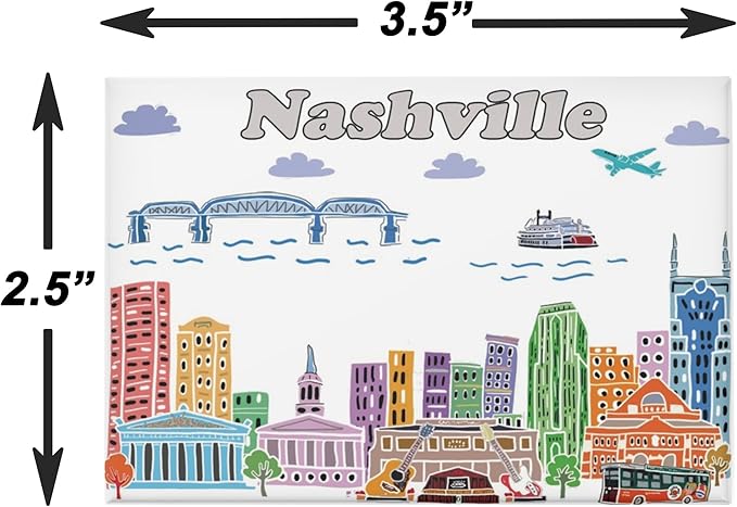City Themed Artwork Magnet Collection by Beary Blu - Designed in The USA, Collectible Souvenirs Gifts 2.5" x 3.5" (Nashville)