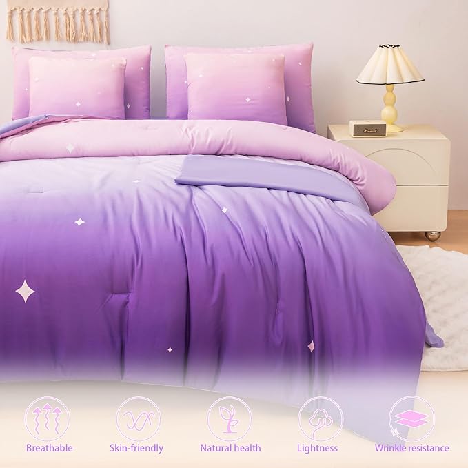 Rainbow Bedding Set Twin Size – 7 Piece Reversible Girls Comforter with Deep-Pocket Sheet, Gradient Galaxy Design, Whole-Piece Filling, Machine Washable Bed-in-a-Bag for Kids Room Makeover & Gifts