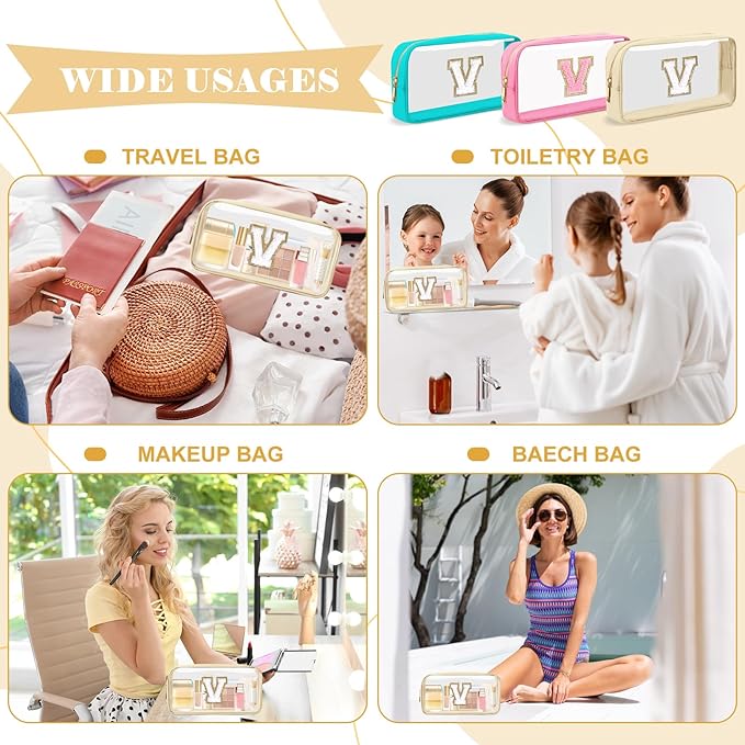 Personalized Initial Letter Clear Makeup Bag,Preppy Small Nylon&PVC Cosmetic Zipper Bag with Chenille Letter,Portable Beach Travel Skincare Toiletry Bag,Trendy Monogram Gift for Teen Girls Women,V