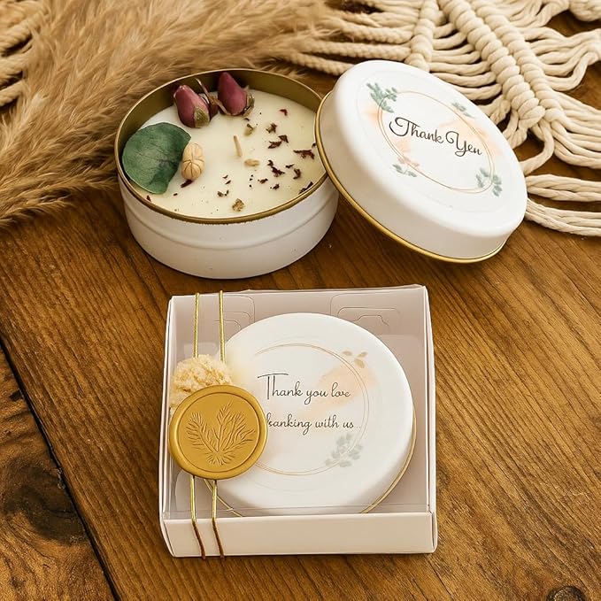 Wedding Candle Favor Set with Gift Box – Personalized Soy Wax Candles with Gold Seal & Gold String, Dried Flowers
