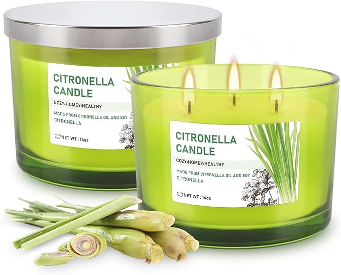 Set of 2 Green Glass Jars Citronella Oil Candles 14oz Smokeless & Outdoor Candles Perfect for Courtyards, Backyards, Camping, Picnics, and Garden.