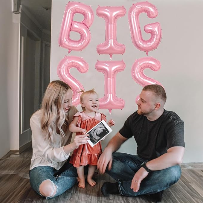 40 Inch Pastel Pink BIG SIS Letter Balloons, Pearl Pink BIG SIS Balloon Letters with Ribbon, Light Pink Baby Girls Alphabet Balloon for Her Baby Shower Birthday Gender Reveal Party Decoration Supplies
