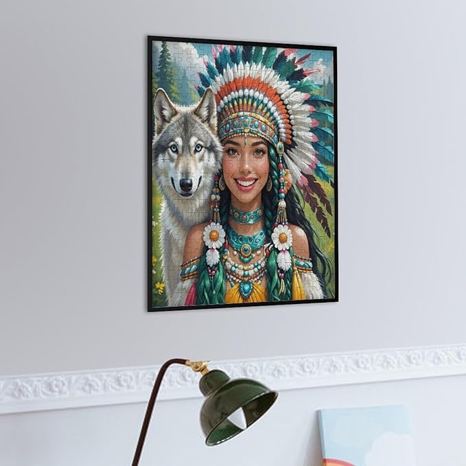 Wooden Puzzle - Indian Beauty & Wolf，Native American Jigsaw Puzzles，Wooden Puzzles for Adults 300 Pieces Unique Gifts for Wall Art，Challenge Puzzles，Educational Games，Family Puzzles