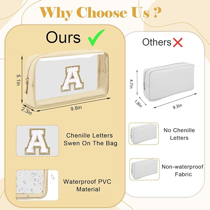 Personalized Initial Letter Clear Makeup Bag,Small Nylon&PVC Cosmetic Zipper Bag with Chenille Letter,Portable Beach Travel Skincare Toiletry Bag,Trendy Monogram Gift for Teen Girls Women,E