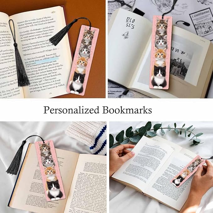 Cute Cat Bookmarks Set 5 with Tassels Pet Animal Pink Wooden Bookmarks for Reading Women Men Students Teachers School Supplies