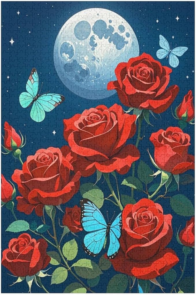 Jigsaw Puzzles for Adults 1000 Piece - Butterfly Red Rose Garden Wooden Puzzles, Funny Puzzles，Unique Gifts for Wall Art，Family Puzzles，Educational Games，Challenge Puzzles