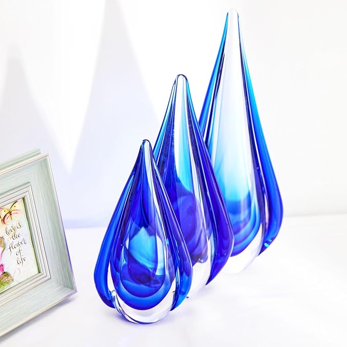Luxury Lane Hand Blown Water Drop Sommerso Art Glass Sculpture for Home Decor 8.5 inch Tall Centerpiece Table Decoration