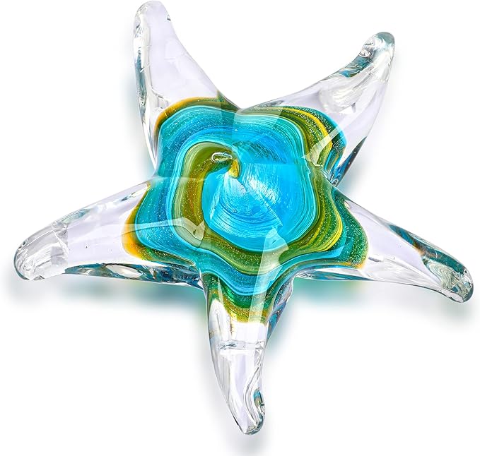 QFkris 5" Glass Star Fish, Crystal Handmade Glass Blown Table Decor, Starfish Figurine, Collectible Ornament,Clear and Green for Women
