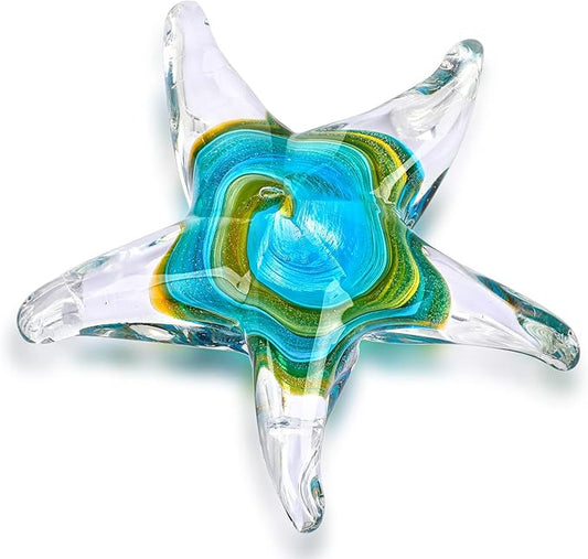 QFkris 5" Glass Star Fish, Crystal Handmade Glass Blown Table Decor, Starfish Figurine, Collectible Ornament,Clear and Green for Women