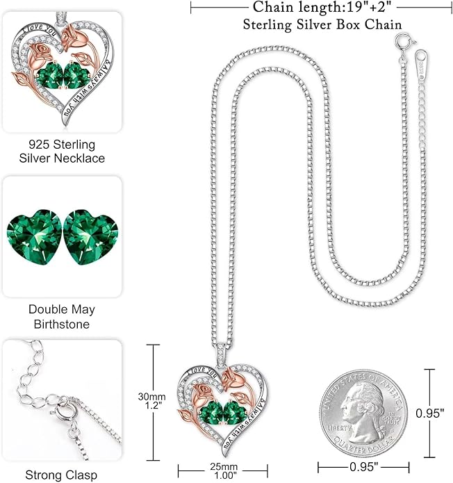 Iefil Valentines Day Gifts for Her - 925 Sterling Silver Rose Heart Birthstone Necklace Birthday Anniversary Jewelry Gifts for Her Wife Mom Daughter