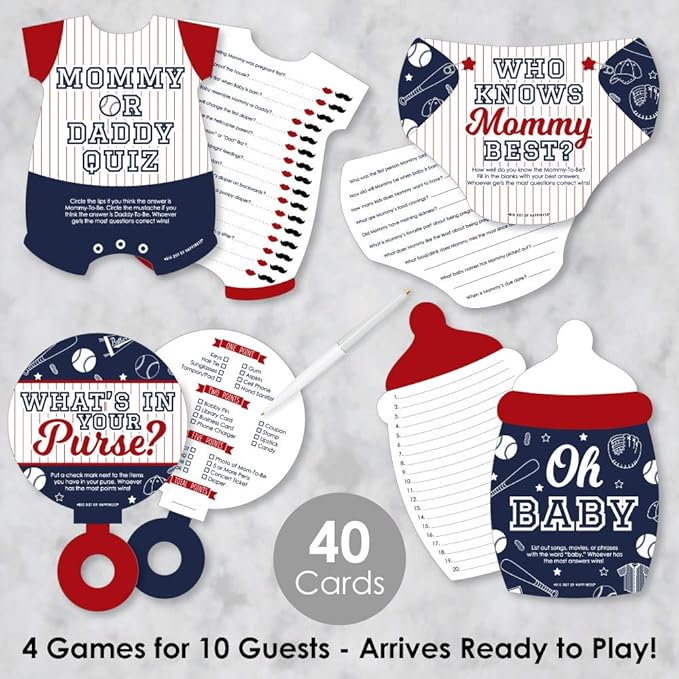 Big Dot of Happiness Batter Up - Baseball - 4 Baby Shower Games - 10 Cards Each - Who Knows Mommy Best, Mommy or Daddy Quiz, What’s in Your Purse and Oh Baby - Gamerific Bundle