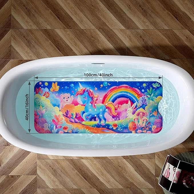Reetual Cartoon Baby Bath Mat – Non Slip Kids Bathtub Mat for Toddlers, 40" x 16", Suction Cups & Drain Holes, Machine Washable (Unicorn)