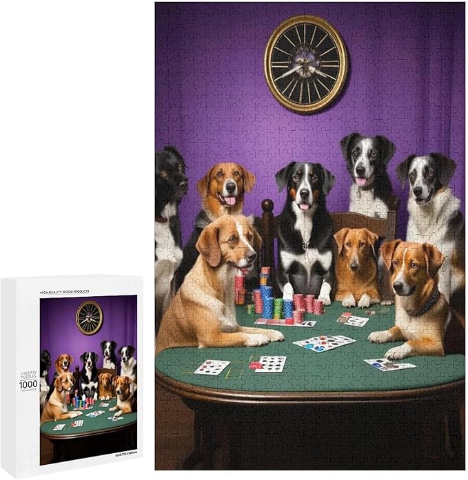 Wooden Puzzle - Dogs Playing Poker Jigsaw Puzzles，Wooden Puzzles for Adults 1000 Pieces Challenge Puzzles，Educational Games，Family Puzzles，Unique Gifts for Wall Art