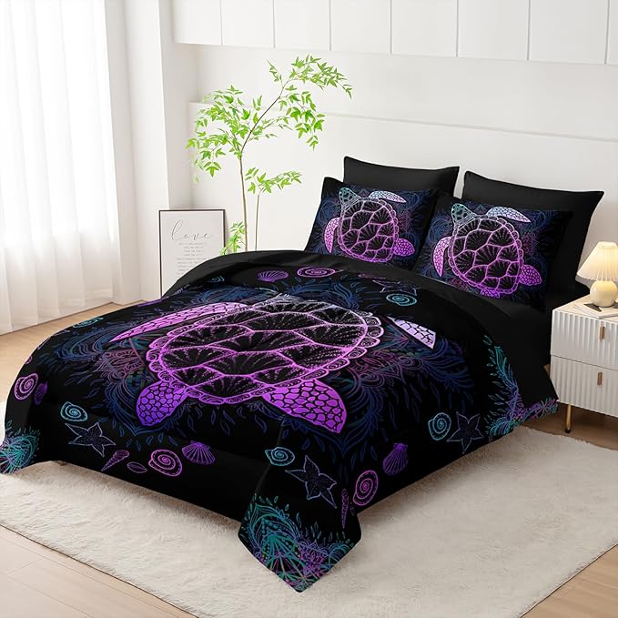 Sea Turtle Comforter Set (7 Piece) - Twin/Queen Size, Black Bedding, Teal Purple Ocean Theme, Soft Microfiber, Sheets Included