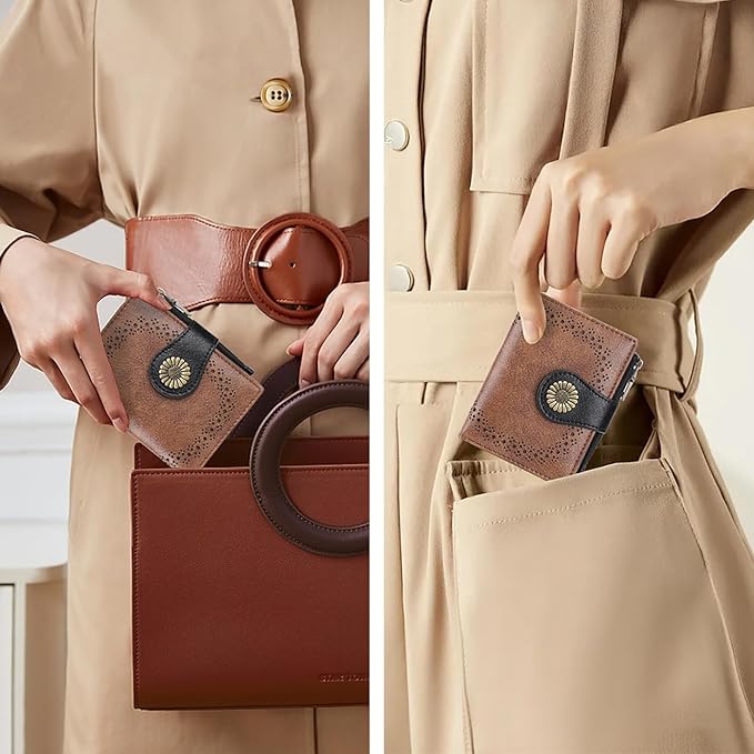 SENDEFN Small Wallets for Women Bifold RFID Blocking Leather Card Holder Compact Wallet with Zipper Coin Pocket