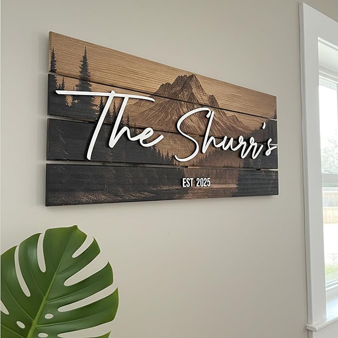 Custom Mountain Family Name Sign - Rustic Wood Wall Decor, Personalized Wedding & Gift for Couples Anniversary, Housewarming Gift for New Home 28x13" (Large)