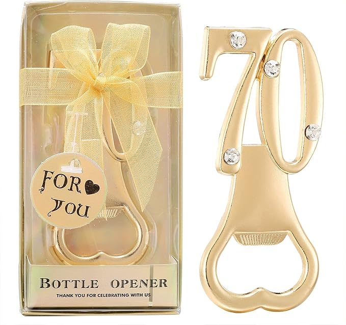 24 pcs gold themed 70th birthday bottle openers favored for 70th anniversary wedding party gifts, 70 birthday party souvenirs or party decorations (Gold, 70 style)