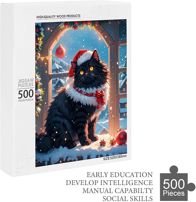 Jigsaw Puzzles for Adults 500 Piece - Christmas Black Cat Wooden Puzzles, Educational Games，Challenge Puzzles Puzzle Games, Stress Relief Games