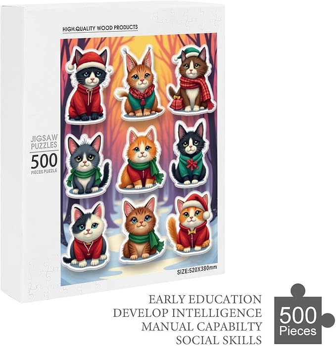 Wooden Puzzle 500 Pieces Adult - Christmas Cat Puzzle Christmas Puzzles, Holiday Puzzles, Family Toys, Party Games, Jigsaw Puzzle Challenge and Funny