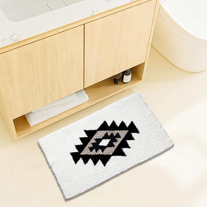 Boho Bath Rugs White Non Slip Washable Geometric Bath Mat Fluffy Soft Absorbent Bathroom Rugs for Bathroom Sink Shower Home Entryway Bohemian Farmhouse Decor 30"×20"