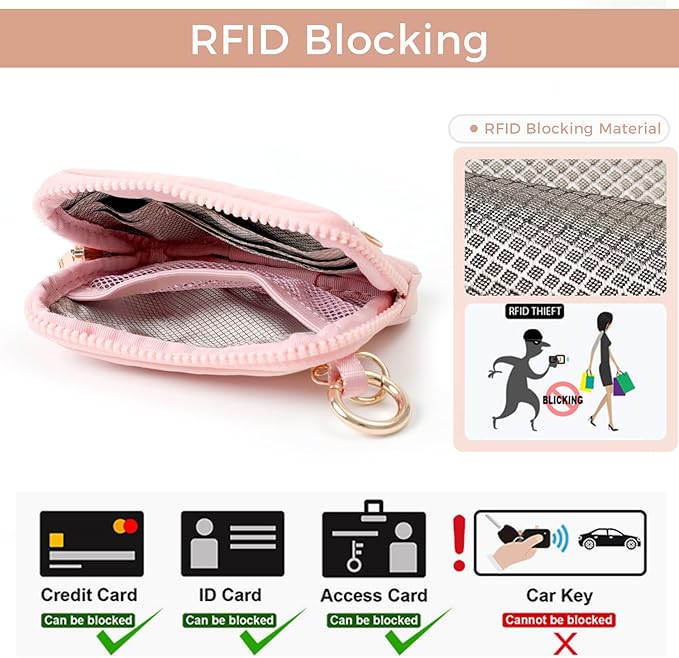 Wristlet Keychain Wallets for Women RFID Blocking Credit Card Holder Small Zipper Coin Purse Change Pouch with ID Window and Detachable Wrist Strap Pink