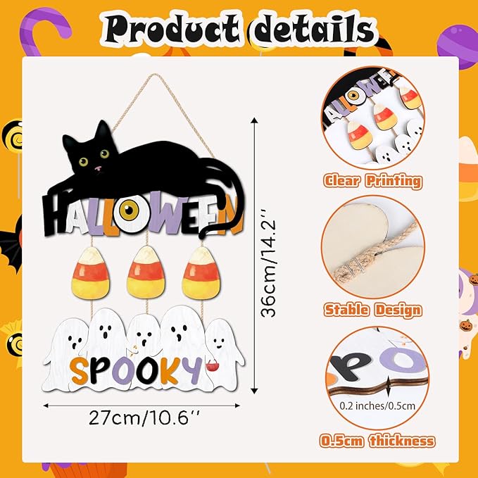 CHDITB Halloween Black Cat Wooden Sign, Spooky Ghosts Wooden Hanging Plaque, Festive Halloween Front Door Sign, Halloween Wall Art Hanger for Thanksgiving Halloween Party Decoration