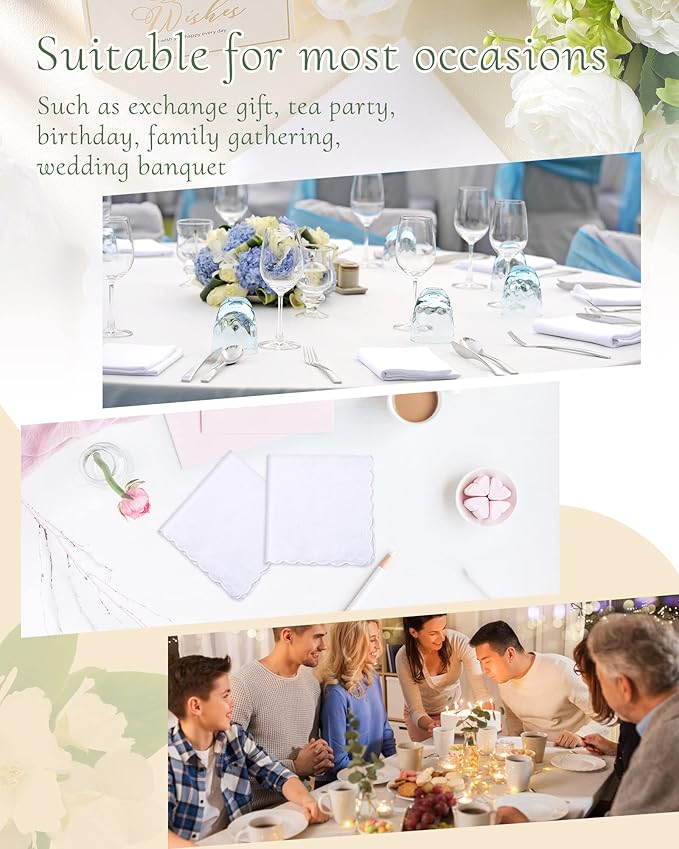 Kinlop Scalloped White Handkerchiefs for Women Men Bulk Cotton Hankies Pocket for Shower Gift Wedding Party Favor