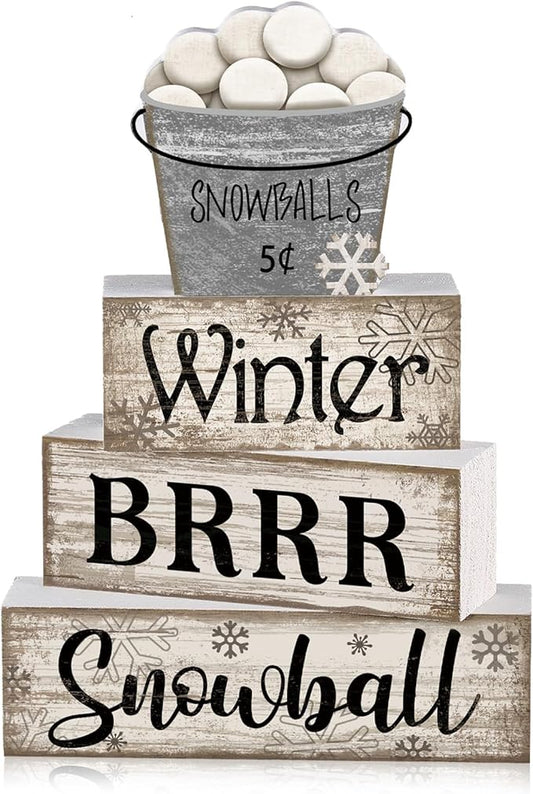 4 Pcs Winter Table Decorations Winter Tiered Tray Decor Christmas Table Centerpiece Rustic Decorative Snowball Snow Bucket Block Sign Farmhouse Christmas Decorations for Home Kitchen Shelf