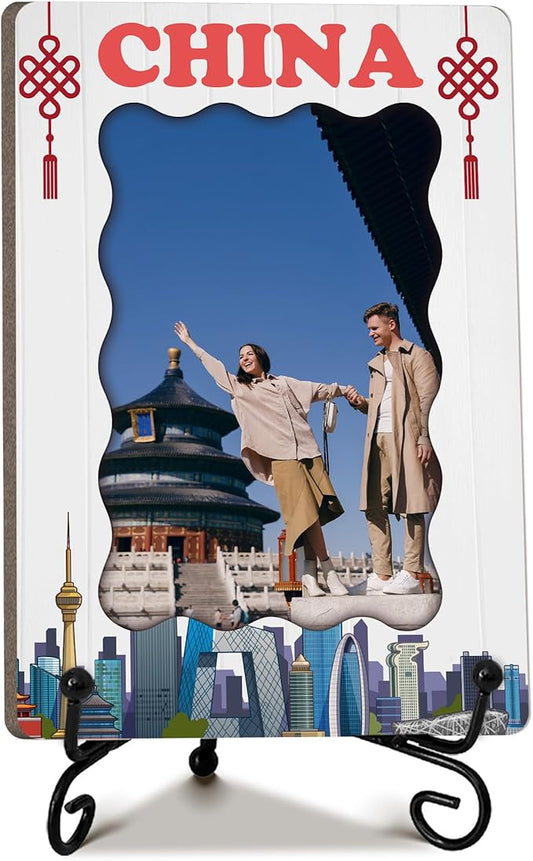 China Souvenir Gifts for Women Men, Travel Photo Frame Gifts for Family Friends, Honeymoon Present of Newlyweds Couples, Wooden Photo Frame with Stand, Home Office Desk Decor-C04