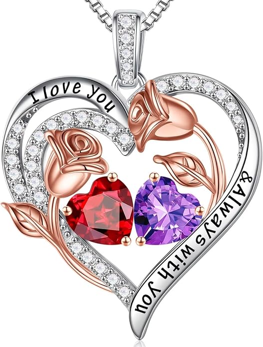 Iefil Valentines Day Gifts for Her - 925 Sterling Silver Rose Heart Birthstone Necklace Birthday Anniversary Jewelry Gifts for Her Wife Mom Daughter
