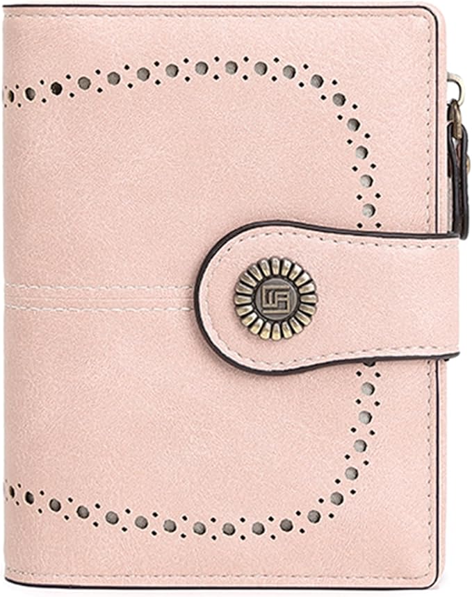 Women's Small Genuine Leather Bifold Wallet Large Capacity RFID Blocking with 16 Card Slots 2 ID Windows and Zipper Coin Pocket Pink (Pink)