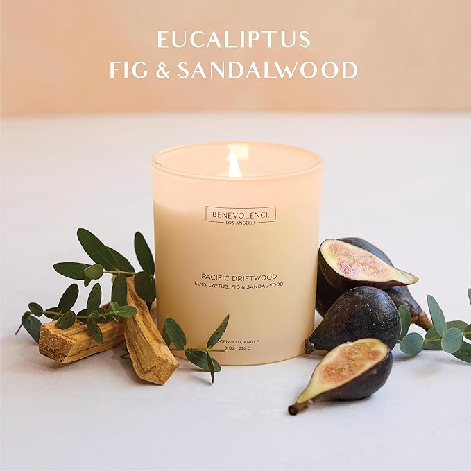 Eucalyptus, Fig & Sandalwood – Benevolence LA Scented Candle for Home | 8oz, 45-Hour Burn | Natural Soy Wax, Cotton Wick | Malibu Sands Collection, Gift for Women & Men