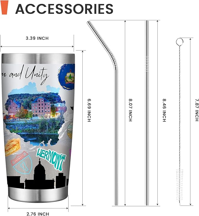 20oz Insulated Tumbler Vermont State Coffee Mug, United States Map Travel Mug Landmark, Birthday Gifts Cute Custom Tumbler Cups with Lid and Straw Gifts for Mom