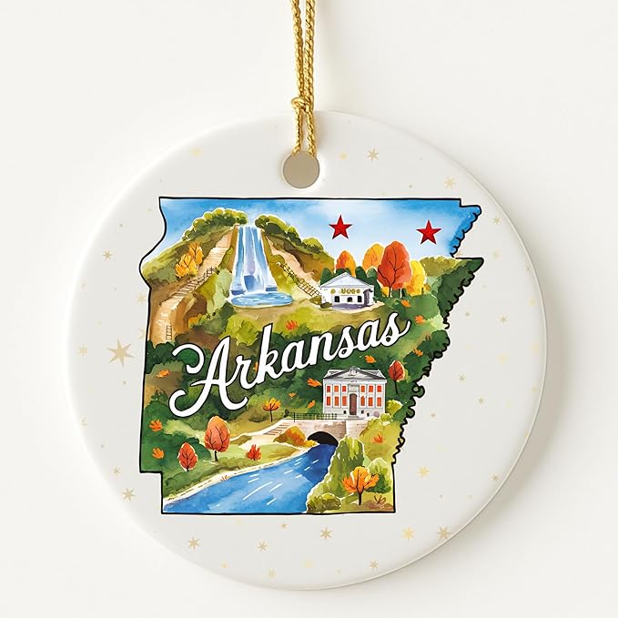 USA State Landmark Ceramic Ornament – Round Glossy Christmas Decoration Featuring U.S. State Art, Landmarks & Holiday Scenery – Collectible Travel Souvenir Ornament Series (Arkansas)