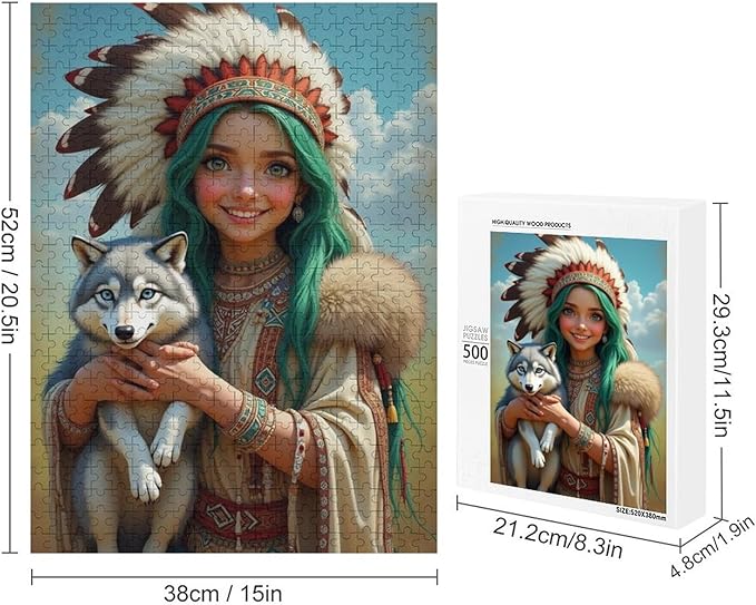 Puzzles for Adults 500 Pieces Wooden Jigsaw Puzzle - Indian Beauty & Wolf，Native American Theme Puzzle，Party Games，Family Toys，Educational Puzzles，Stress Relief Wooden Puzzle，Home Decoration