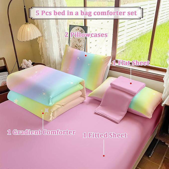 Rainbow Bedding Set Full Size – 5 Piece Reversible Girls Comforter with Deep-Pocket Sheet, Gradient Galaxy Design, Whole-Piece Filling, Machine Washable Bed-in-a-Bag for Kids Room Makeover & Gifts