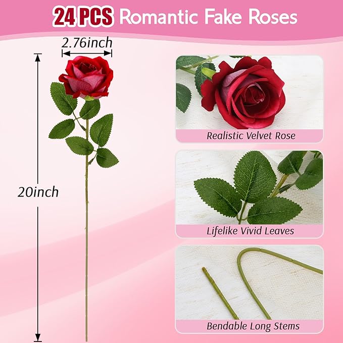 Roses Artificial Flowers, Fake Velvet Silk Roses in Bulk for Home Decor Indoor, Fake Roses Realistic Flowers with Stems for Wedding Centerpiece Party Decor (24, Purplish Red)