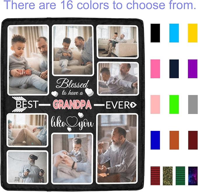 Custom Blanket Gifts with Photos, Personalized Bed Throws for Grandpa, Custom Souvenir Throw Blanket for Best Grandpa Ever, 8 Collages Made in USA