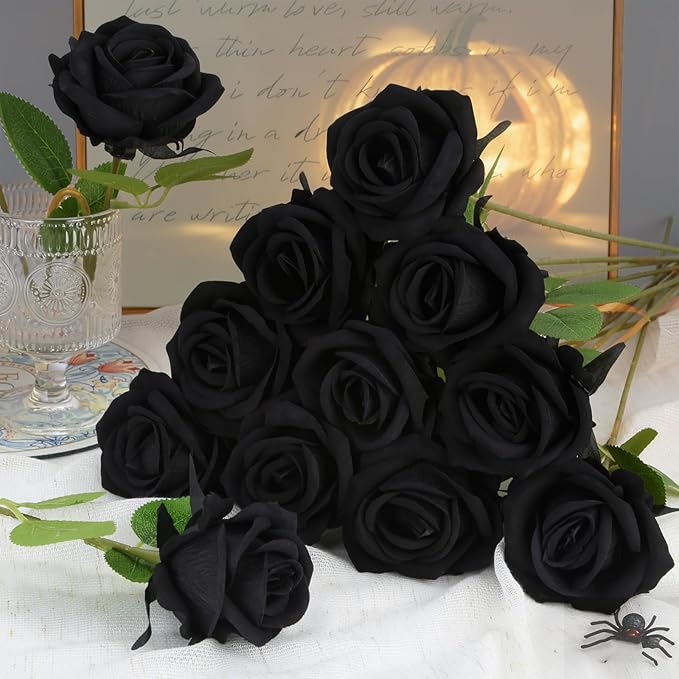 Roses Artificial Flowers, Black Flowers with Stem Valentine Anniversary Sympathy Memorial Gift, Fake Silk Roses Indoor Outdoor Decor for Funeral Wedding Birthday Party Christmas Halloween(24, Black)