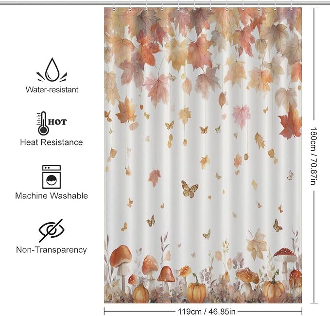 Fall Pumpkin Shower Curtain Autumn Maple Leaves Thanksgiving Harvest Waterproof Washable Fabric Bathroom Shower Curtains for Bathroom Decorations Home Indoor Decor 47x72Inch