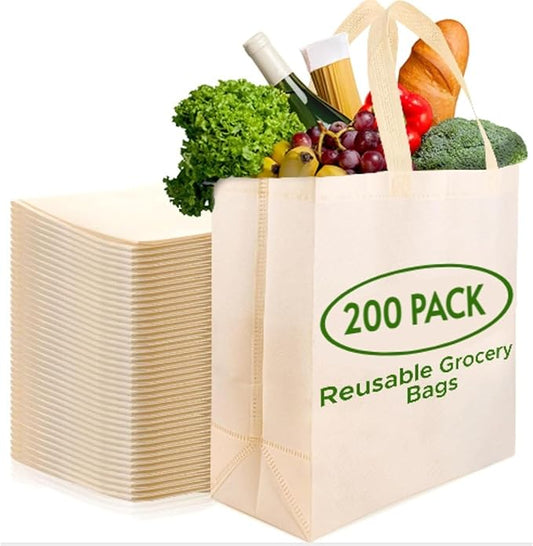 Simply Cool 200 Pack Reusable Eco-Friendly Grocery Shopping Bags 12.6"x6.3"x11.8" Durable, Recyclable, Washable, Foldable, Portable Tote Bags Bulk (Cream)