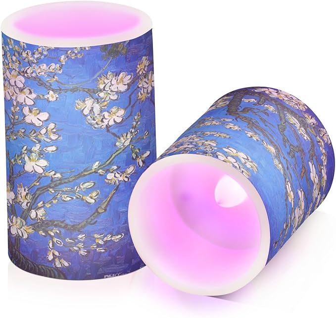 Van Gogh Almond Blossom Flickering Flameless Candles Battery Operated with Remote Timer,Tea Light Candles LED Pillar Votive Candles Set of 2 for Outdoor Indoor Decorations