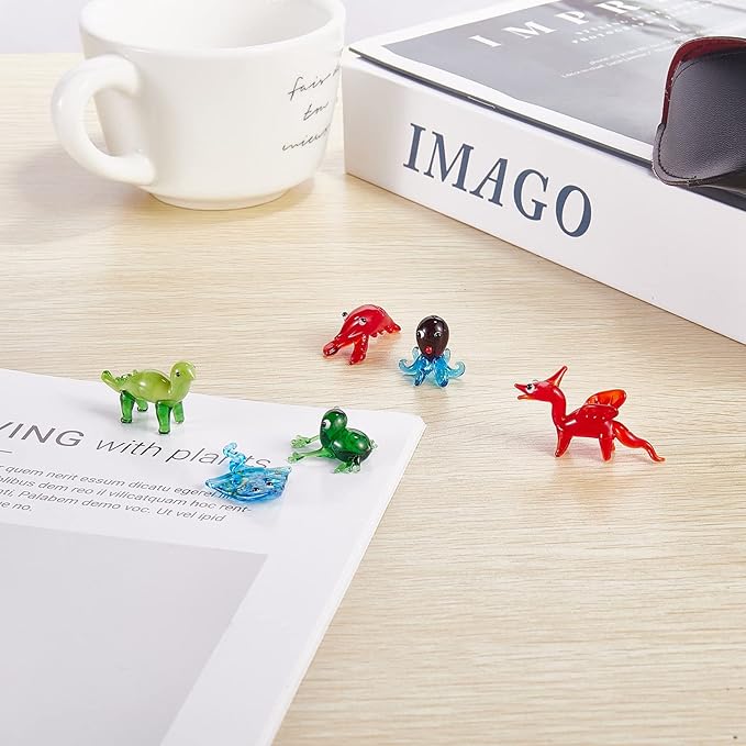 6Pcs Hand Blown Glass Animal Figurines Sea Mini Glass Animal Figurines for Home Desk Garden Collectibles Ornament Art Miniature Decor