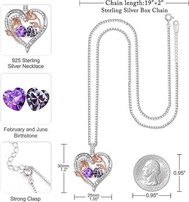 Iefil Valentines Day Gifts for Her - 925 Sterling Silver Rose Heart Birthstone Necklace Birthday Anniversary Jewelry Gifts for Her Wife Mom Daughter