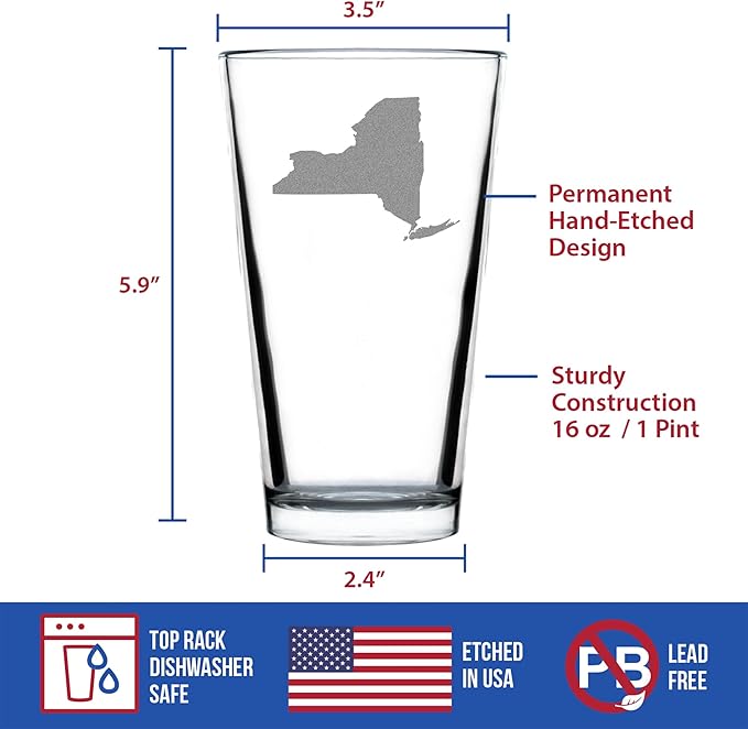 Custom New York State Outline Pint Glass for Beer - State Themed Drinking Decor and Gifts for New Yorker Women & Men - 16 Oz Glasses