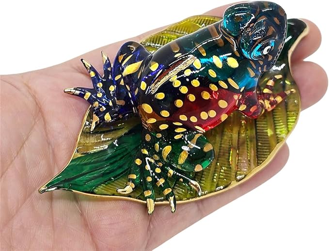WitnyStore 3" Multicolor Gold Dot Frog on Leaf Artistic Blown Glass Figurine Premium Hand-Blown Statue Tabletop Decoration Unique Collectible for Adult Collectors Handcrafted Elegant Home Room Decor