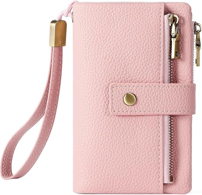 Practical Genuine Leather Wristlet Wallet for Women with Double Zipper Coin Purse and Card Organization (Pink)