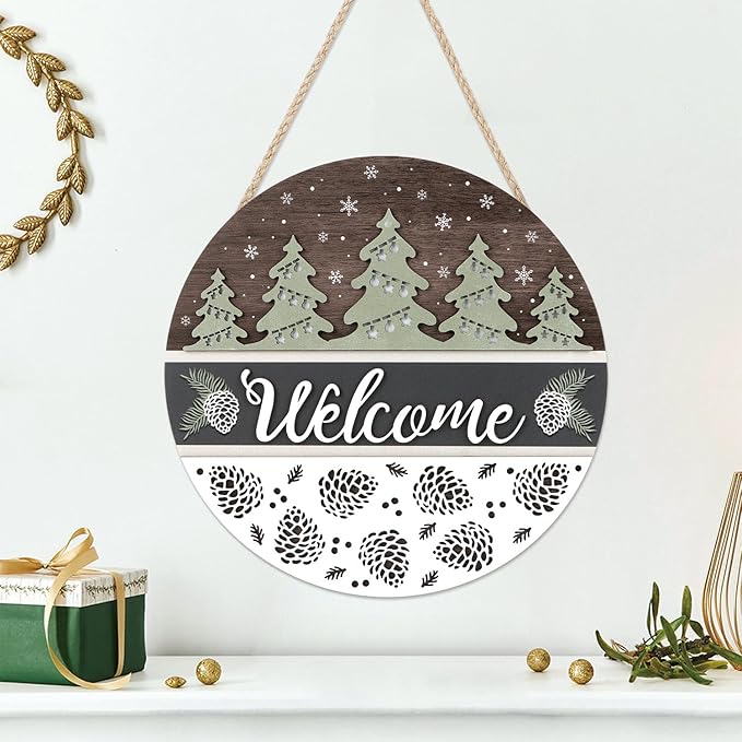 CHDITB Pinecone Welcome Winter Door Sign, Hanging Welcame Sign,Christmas Tree Welcome Door Sign, Christmas Xmas Decor, 3D Winter Wall Decor Hanging Xmas Round Sign for Home Decor