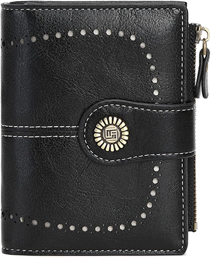 Women's Small Genuine Leather Bifold Wallet Large Capacity RFID Blocking with 16 Card Slots 2 ID Windows and Zipper Coin Pocket Pink (Black)