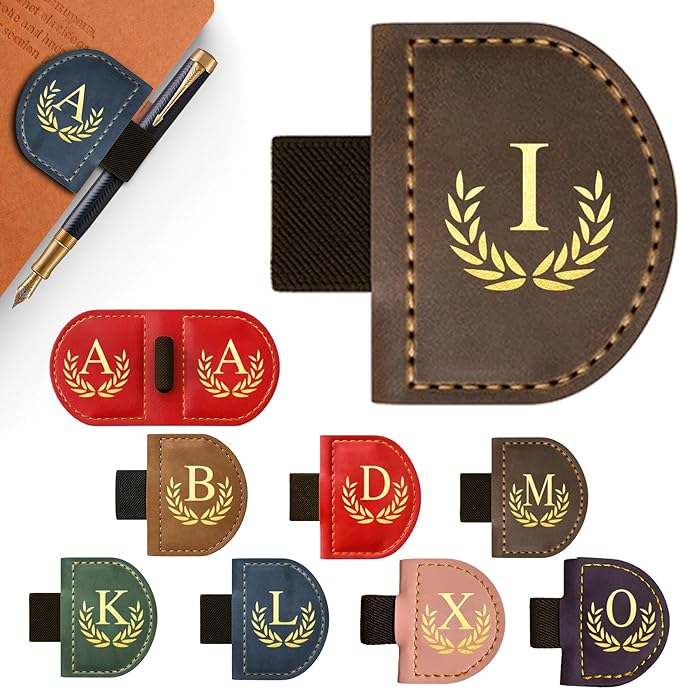 Personalized Leather Magnetic Bookmark with Pen Holder, Custom Bygone Mark Bookmark with Pen Holder, Custom Bookmarks with 26 Letters for Reading Women, Men, Teachers, Book Lovers（Coffee，I）